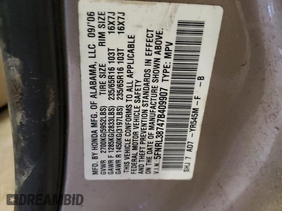 2007 Honda Odyssey EX-L with VIN 5FNRL38747B409907, listed as a Copart auction lot 52783605 with 151,225 mi miles and Salvage Title. Bid and sale history available at carsss.com. Image 13.