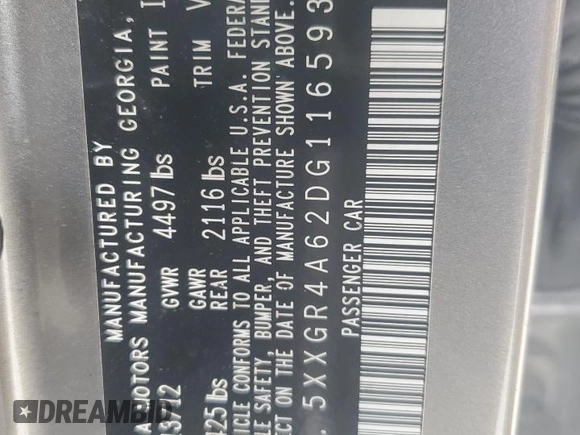 2013 Kia Optima SX with VIN 5XXGR4A62DG116593, listed as a Copart auction lot 59696705 with 120,248 mi miles and Salvage title. Bid and sale history available at DreamBid. Image 12.