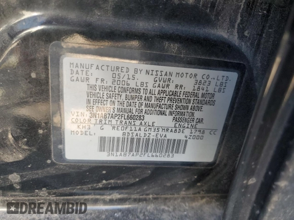 2015 Nissan Sentra SR with VIN 3N1AB7AP2FL660283, listed as a Copart auction lot 85097644 with 112,026 mi miles and Salvage Title. Bid and sale history available at DreamBid. Image 14.