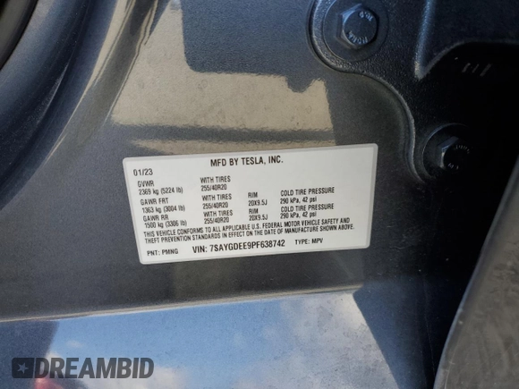 2023 Tesla Model Y Long Range with VIN 7SAYGDEE9PF638742, listed as a Copart auction lot 48188455 with 30,550 mi miles and Salvage Title. Bid and sale history available at DreamBid. Image 12.