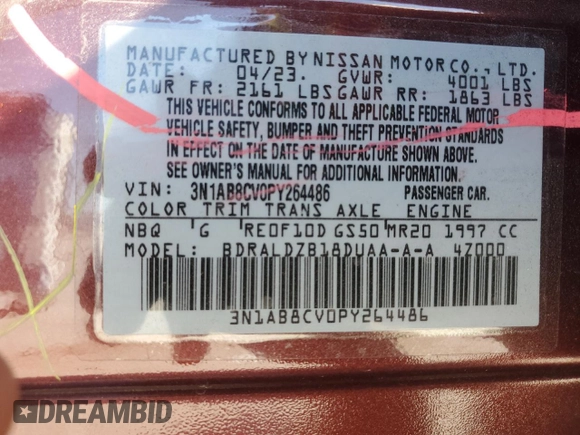 2023 Nissan Sentra SV with VIN 3N1AB8CV0PY264486, listed as a Copart auction lot 48315885 with 41,875 mi miles and Clean Title. Bid and sale history available at DreamBid. Image 14.