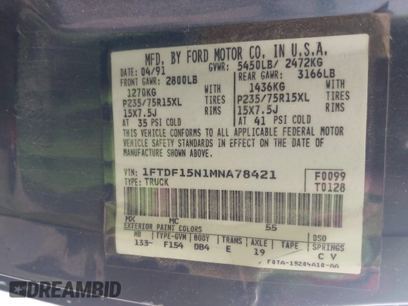 1991 Ford F-150 с VIN 1FTDF15N1MNA78421, выставлен на аукционе IAAI как лот 42426875 с пробегом 134 472 миль миль и . История ставок и продаж доступна на DreamBid. Изображение 9.