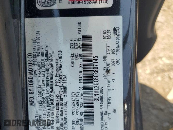 2012 Lincoln MKZ with VIN 3LNHL2GC8CR807145, listed as a Copart auction lot 58382195 with 145,167 mi miles and Salvage title. Bid and sale history available at DreamBid. Image 12.
