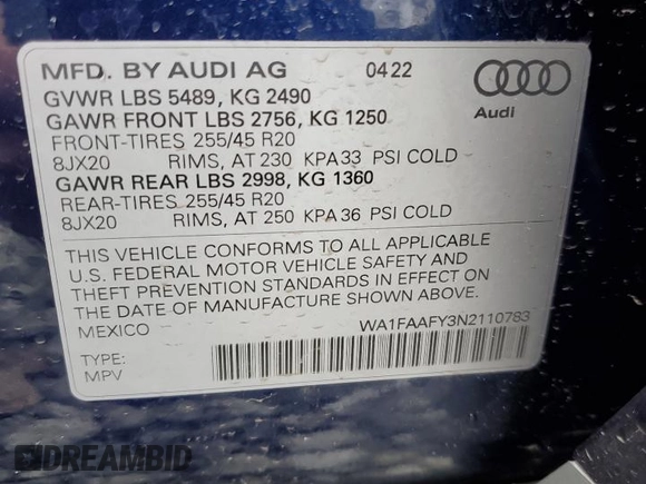 2022 Audi Q5 S line Prestige with VIN WA1FAAFY3N2110783, listed as a Copart auction lot 39282883 with Not Provided miles and . Bid and sale history available at DreamBid. Image 13.