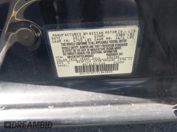 2012 Nissan Versa SV with VIN 3N1CN7AP7CL865822, listed as a IAAI auction lot 42605185 with 169,652 mi miles and . Bid and sale history available at DreamBid. Image 9.