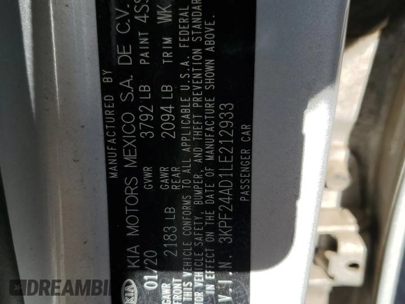 2020 Kia Forte LXS with VIN 3KPF24AD1LE212933, listed as a Copart auction lot 82642794 with 61,510 mi miles and Salvage Title. Bid and sale history available at carsss.com. Image 15.