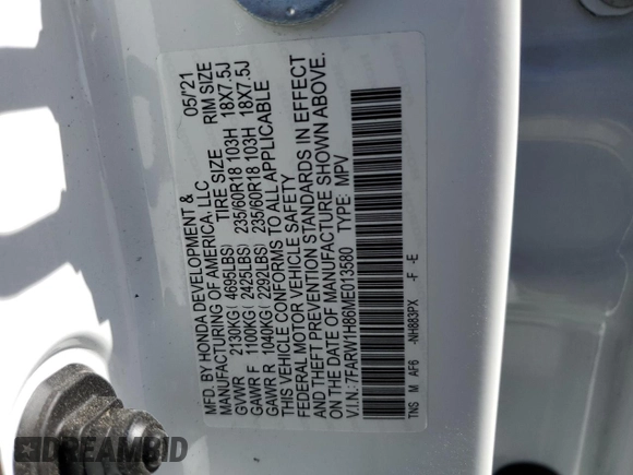 2021 Honda CR-V EX-L z VIN 7FARW1H86ME013580, wystawiony jako Copart lot #57812465 z przebiegiem 89 681 mil mil oraz Szkoda całkowita • Salvage title. Historia ofert i sprzedaży dostępna na DreamBid. Obrazek 13.