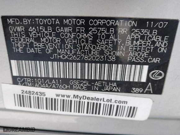 2008 Lexus IS 250 with VIN JTHCK262782023138, listed as a IAAI auction lot 41475156 with 89,718 mi miles. Bid and sale history available at carsss.com. Image 9.