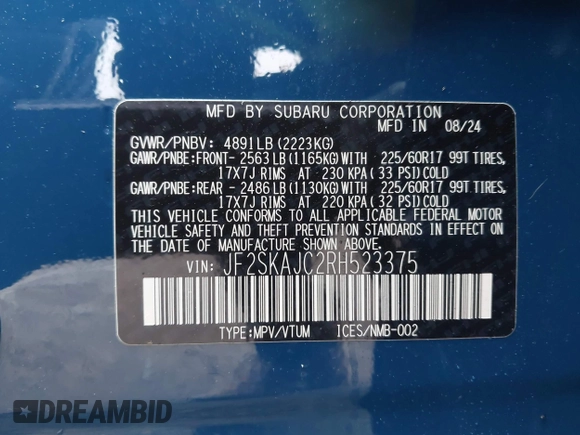 2024 Subaru Forester Wilderness with VIN JF2SKAJC2RH523375, listed as a IAAI auction lot 42219885 with 4,546 mi miles and . Bid and sale history available at DreamBid. Image 9.