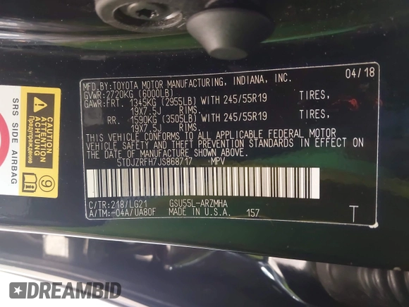 2018 Toyota Highlander SE with VIN 5TDJZRFH7JS868717, listed as a IAAI auction lot 42593499 with 83,533 mi miles and . Bid and sale history available at DreamBid. Image 9.