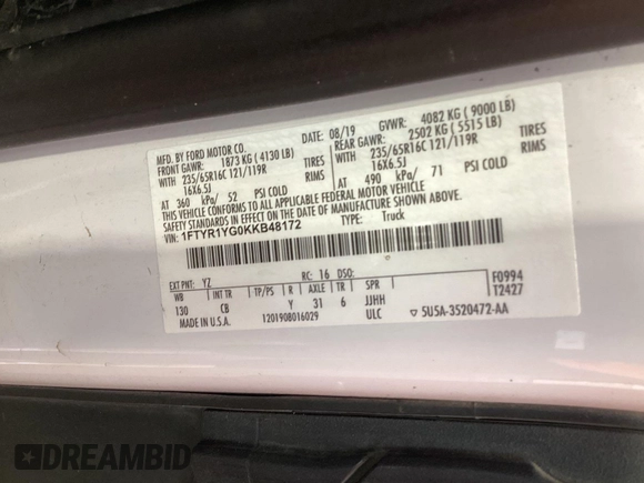 2019 Ford Transit с VIN 1FTYR1YG0KKB48172, выставлен на аукционе IAAI как лот 42702776 с пробегом 189 758 миль миль и . История ставок и продаж доступна на DreamBid. Изображение 34.