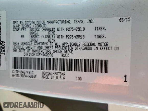 2015 Toyota Tundra 4WD Truck SR5 with VIN 5TFDY5F1XFX460998, listed as a Copart auction lot 84963964 with 194,044 mi miles and Salvage Title. Bid and sale history available at carsss.com. Image 12.