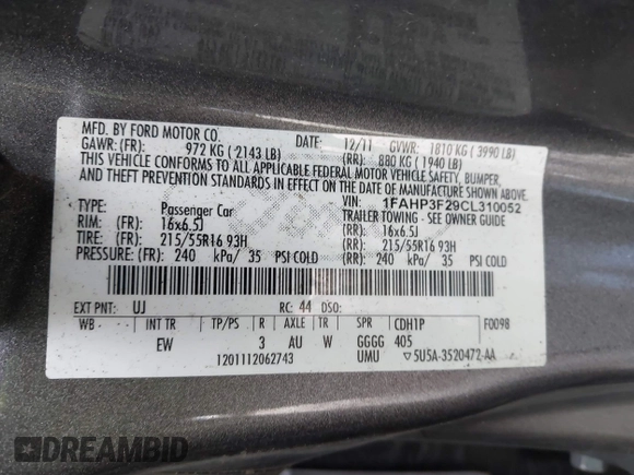 2012 Ford Focus SE with VIN 1FAHP3F29CL310052, listed as a IAAI auction lot 42671578 with 220,537 mi miles and . Bid and sale history available at DreamBid. Image 9.