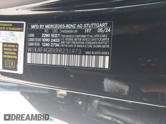 2024 Mercedes-Benz C 300 with VIN W1KAF4GBXRR231973, listed as a IAAI auction lot 41728511 with Not Provided miles and . Bid and sale history available at DreamBid. Image 9.