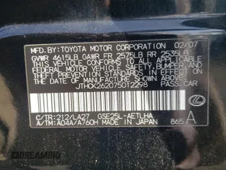 2007 Lexus IS 250 with VIN JTHCK262075012298, listed as a Copart auction lot 66276613 with 103,418 mi miles and Clean title. Bid and sale history available at DreamBid. Image 12.