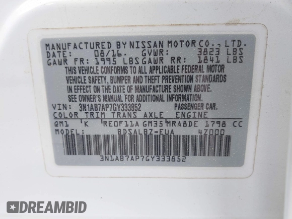 2016 Nissan Sentra SR with VIN 3N1AB7AP7GY333852, listed as a IAAI auction lot 41963952 with 136,110 mi miles and . Bid and sale history available at DreamBid. Image 9.