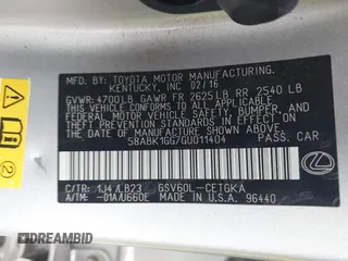2016 Lexus ES 330 with VIN 58ABK1GG7GU011404, listed as a IAAI auction lot 41716135 with 93,313 mi miles and . Bid and sale history available at DreamBid. Image 9.
