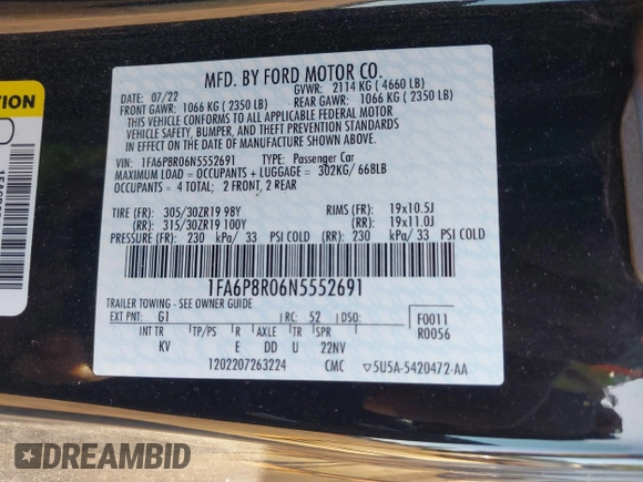 2022 Ford Mustang Mach 1 with VIN 1FA6P8R06N5552691, listed as a IAAI auction lot 42187210 with 32,545 mi miles and . Bid and sale history available at DreamBid. Image 9.