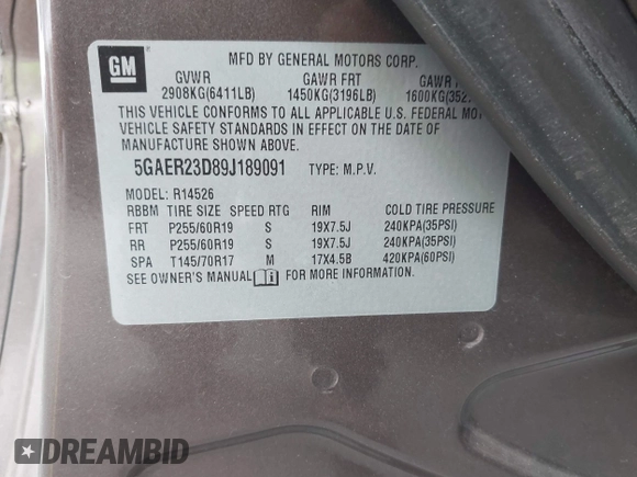 2009 Buick Enclave CXL with VIN 5GAER23D89J189091, listed as a IAAI auction lot 41727341 with 150,012 mi miles and . Bid and sale history available at DreamBid. Image 9.
