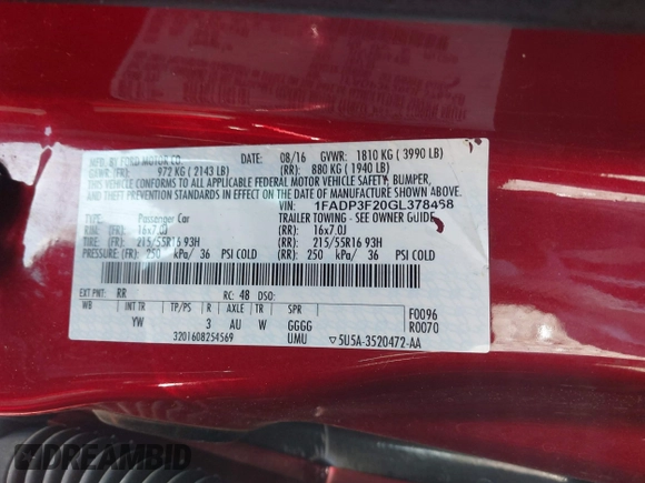 2016 Ford Focus SE with VIN 1FADP3F20GL378468, listed as a IAAI auction lot 41995342 with 59,075 mi miles. Bid and sale history available at carsss.com. Image 9.
