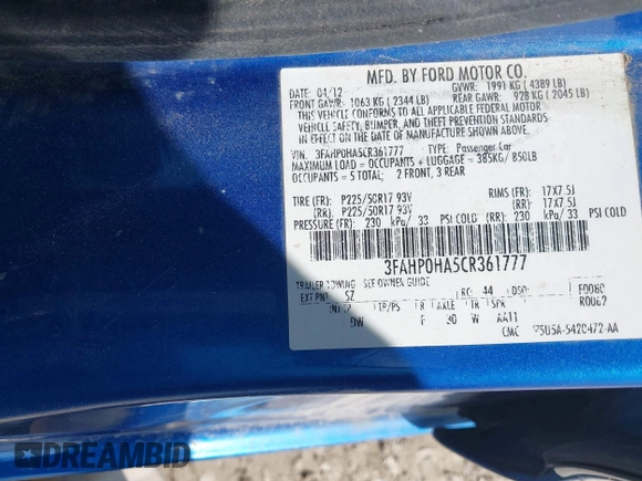 2012 Ford Fusion SE with VIN 3FAHP0HA5CR361777, listed as a IAAI auction lot 42285599 with 163,367 mi miles and . Bid and sale history available at DreamBid. Image 9.