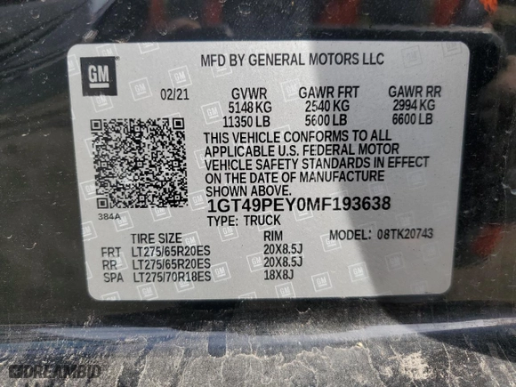 2021 GMC Sierra 2500HD AT4 with VIN 1GT49PEY0MF193638, listed as a Copart auction lot 48352925 with 140,995 mi miles and Salvage Title. Bid and sale history available at carsss.com. Image 12.