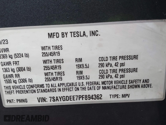 2023 Tesla Model Y Long Range with VIN 7SAYGDEE7PF894362, listed as a IAAI auction lot 41512492 with 27,513 mi miles. Bid and sale history available at carsss.com. Image 9.