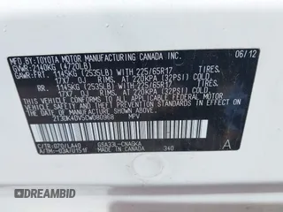 2012 Toyota RAV4 Limited with VIN 2T3DK4DV5CW080968, listed as a IAAI auction lot 42217038 with Not provided miles and . Bid and sale history available at DreamBid. Image 9.