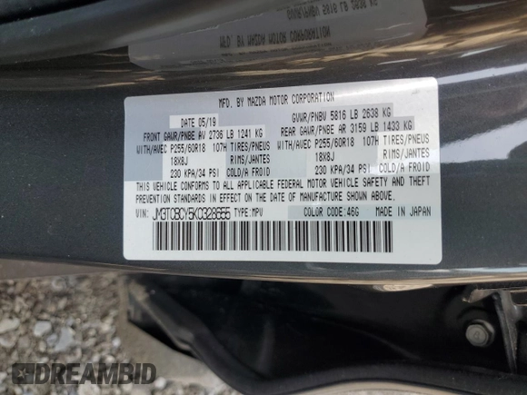 2019 Mazda CX-9 Touring z VIN JM3TCBCY5K0328655, wystawiony jako Copart lot #64627255 z przebiegiem 54 658 mil mil oraz Szkoda całkowita • Salvage title. Historia ofert i sprzedaży dostępna na DreamBid. Obrazek 13.