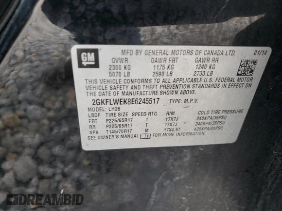 2014 GMC Terrain SLE with VIN 2GKFLWEK8E6245517, listed as a Copart auction lot 72697024 with 117,535 mi miles and Salvage title. Bid and sale history available at DreamBid. Image 13.