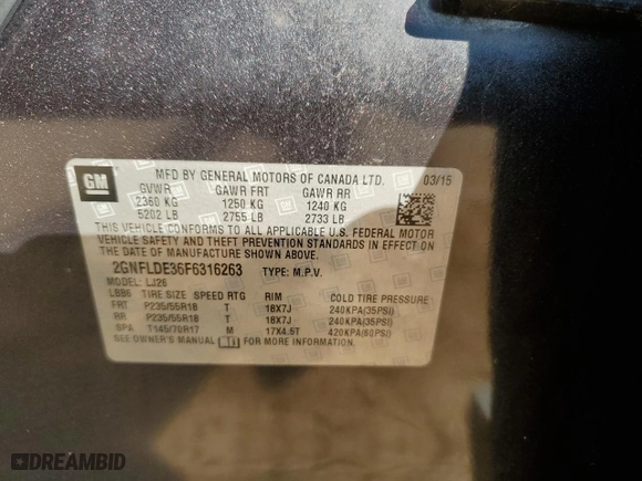 2015 Chevrolet Equinox LTZ with VIN 2GNFLDE36F6316263, listed as a Copart auction lot 47143645 with 217,122 mi miles and Salvage Title. Bid and sale history available at carsss.com. Image 14.