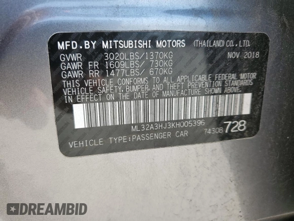 2019 Mitsubishi Mirage ES z VIN ML32A3HJ3KH005396, wystawiony jako Copart lot #59744395 z przebiegiem 88 848 mil mil oraz Szkoda całkowita • Salvage title. Historia ofert i sprzedaży dostępna na DreamBid. Obrazek 12.