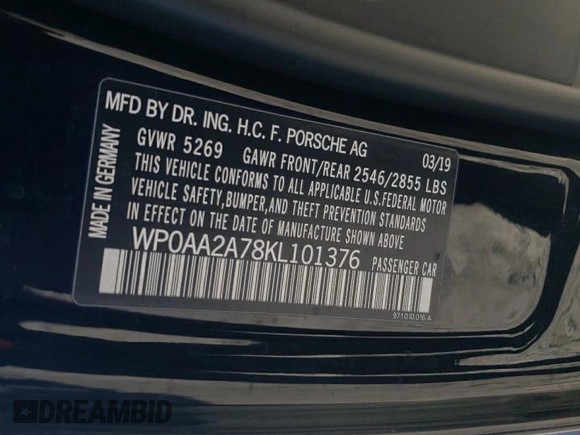 2019 Porsche Panamera с VIN WP0AA2A78KL101376, выставлен на аукционе Copart как лот 87654105 с пробегом 29 770 миль миль и Списание • Salvage title. История ставок и продаж доступна на DreamBid. Изображение 12.