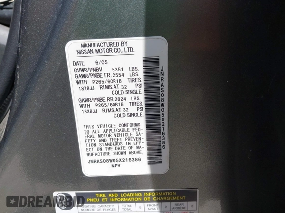 2005 Infiniti FX z VIN JNRAS08W05X216386, wystawiony jako IAAI lot #42346579 z przebiegiem 183 130 mil mil oraz . Historia ofert i sprzedaży dostępna na DreamBid. Obrazek 9.
