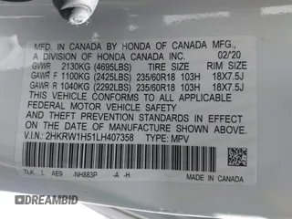 2020 Honda CR-V EX with VIN 2HKRW1H51LH407358, listed as a IAAI auction lot 41884373 with 51,051 mi miles and . Bid and sale history available at carsss.com. Image 9.