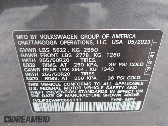 2023 Volkswagen Atlas SE с VIN 1V2JP2CA9PC552717, выставлен на аукционе IAAI как лот 41906799 с пробегом 2 336 миль миль и . История ставок и продаж доступна на DreamBid. Изображение 9.