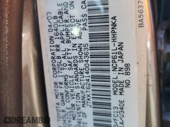 2004 Scion xA with VIN JTKKT624140043635, listed as a Copart auction lot 52808815 with 197,115 mi miles and Salvage Title. Bid and sale history available at DreamBid. Image 12.