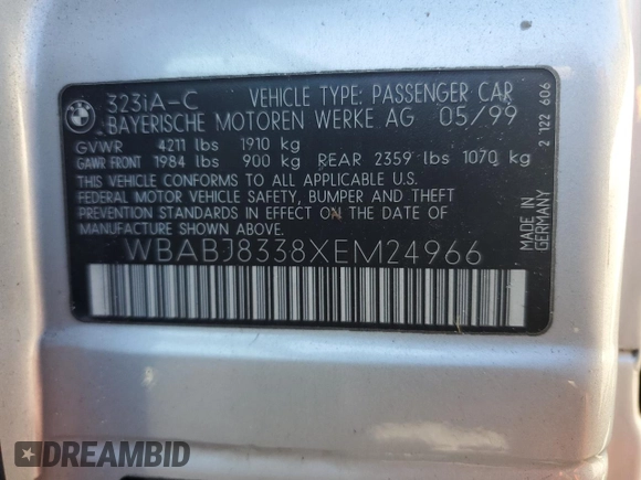 1999 BMW 3 Series 323icA with VIN WBABJ8338XEM24966, listed as a Copart auction lot 83029364 with 91,530 mi miles and Non Repairable. Bid and sale history available at carsss.com. Image 13.