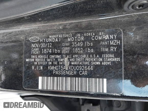 2013 Hyundai Accent GL with VIN KMHCT5AEXDU092644, listed as a IAAI auction lot 42078339 with 134,288 mi miles. Bid and sale history available at carsss.com. Image 9.