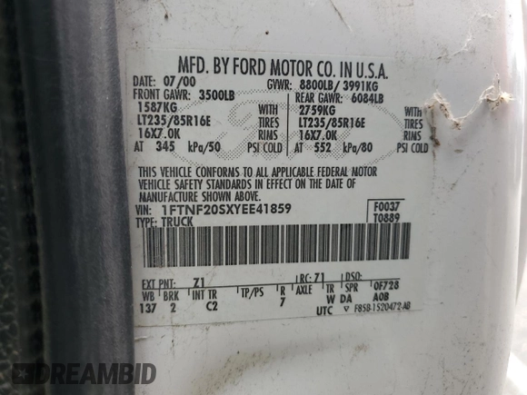 2000 Ford Super Duty F-250 XL with VIN 1FTNF20SXYEE41859, listed as a Copart auction lot 59682704 with 190,234 mi miles and Salvage Title. Bid and sale history available at carsss.com. Image 14.