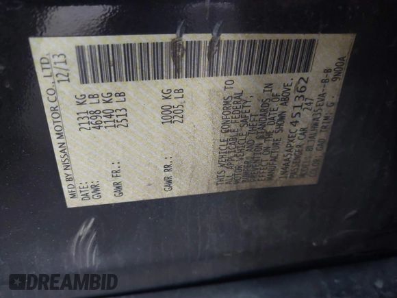2014 Nissan Maxima S with VIN 1N4AA5APXEC451362, listed as a IAAI auction lot 41319297 with 148,013 mi miles and . Bid and sale history available at DreamBid. Image 9.