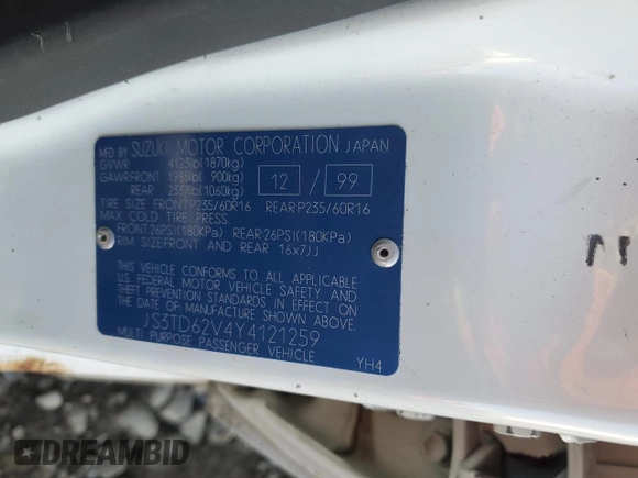2000 Suzuki Grand Vitara JLX z VIN JS3TD62V4Y4121259, wystawiony jako Copart lot #43538045 z przebiegiem 127 915 mil mil oraz Szkoda całkowita • Salvage title. Historia ofert i sprzedaży dostępna na DreamBid. Obrazek 12.