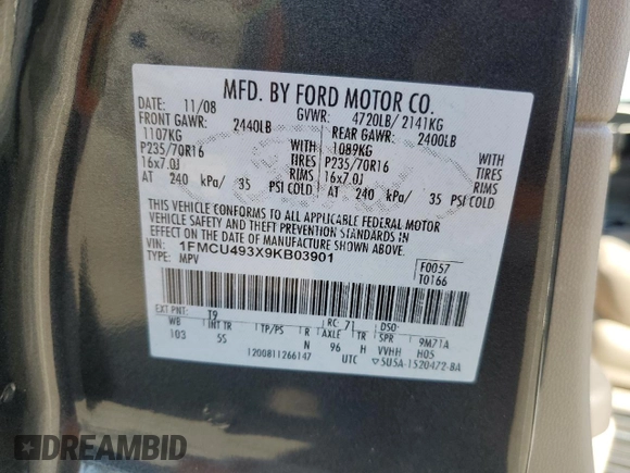 2009 Ford Escape Hybrid with VIN 1FMCU493X9KB03901, listed as a Copart auction lot 52353675 with 145,444 mi miles and Salvage title. Bid and sale history available at DreamBid. Image 14.