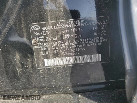 2018 Hyundai Sonata Sport Plus with VIN 5NPE34AF9JH674059, listed as a Copart auction lot 42118585 with 103,576 mi miles and Salvage Title. Bid and sale history available at DreamBid. Image 12.