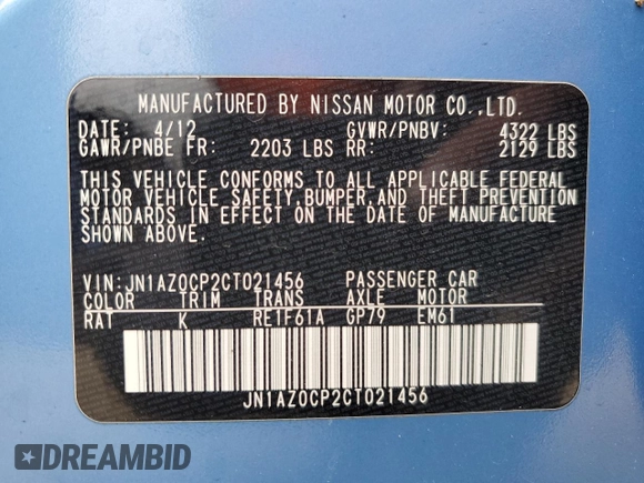 2012 Nissan LEAF SL with VIN JN1AZ0CP2CT021456, listed as a Copart auction lot 56057385 with 55,193 mi miles and Clean Title. Bid and sale history available at DreamBid. Image 12.