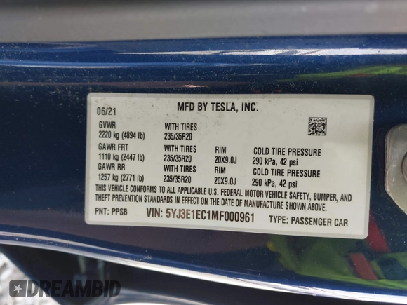 2021 Tesla Model 3 Performance with VIN 5YJ3E1EC1MF000961, listed as a IAAI auction lot 42110524 with 31,890 mi miles and . Bid and sale history available at carsss.com. Image 9.