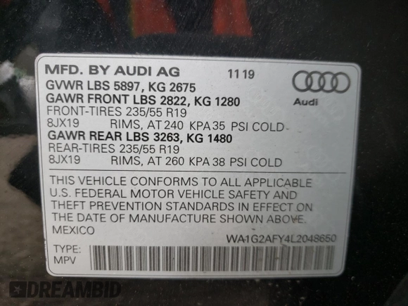 2020 Audi Q5 Premium with VIN WA1G2AFY4L2048650, listed as a Copart auction lot 61261222 with 51,412 mi miles. Bid and sale history available at carsss.com. Image 10.