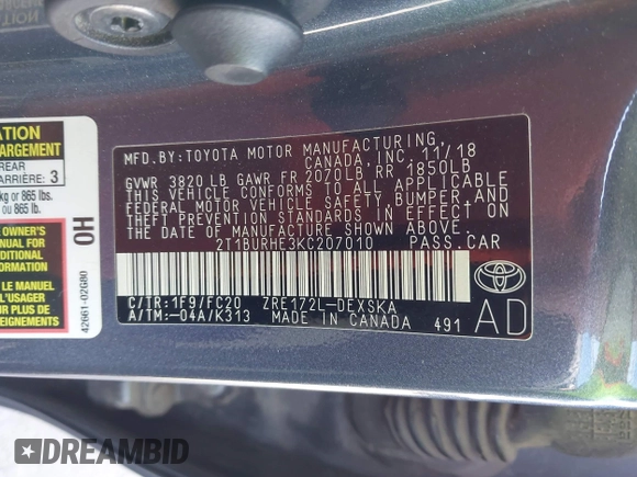 2019 Toyota Corolla L with VIN 2T1BURHE3KC207010, listed as a IAAI auction lot 42004596 with 106,188 mi miles and . Bid and sale history available at DreamBid. Image 9.