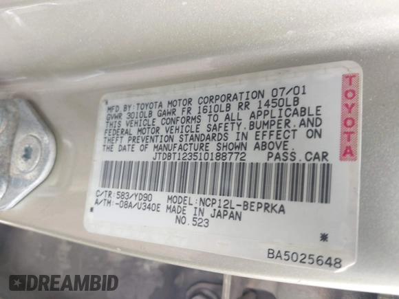 2001 Toyota ECHO with VIN JTDBT123510188772, listed as a IAAI auction lot 42152248 with 297,339 mi miles and . Bid and sale history available at DreamBid. Image 9.
