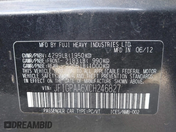 2012 Subaru Impreza 2.0i с VIN JF1GPAA6XCH246827, выставлен на аукционе IAAI как лот 41819340 с пробегом 148 458 миль миль и . История ставок и продаж доступна на DreamBid. Изображение 9.